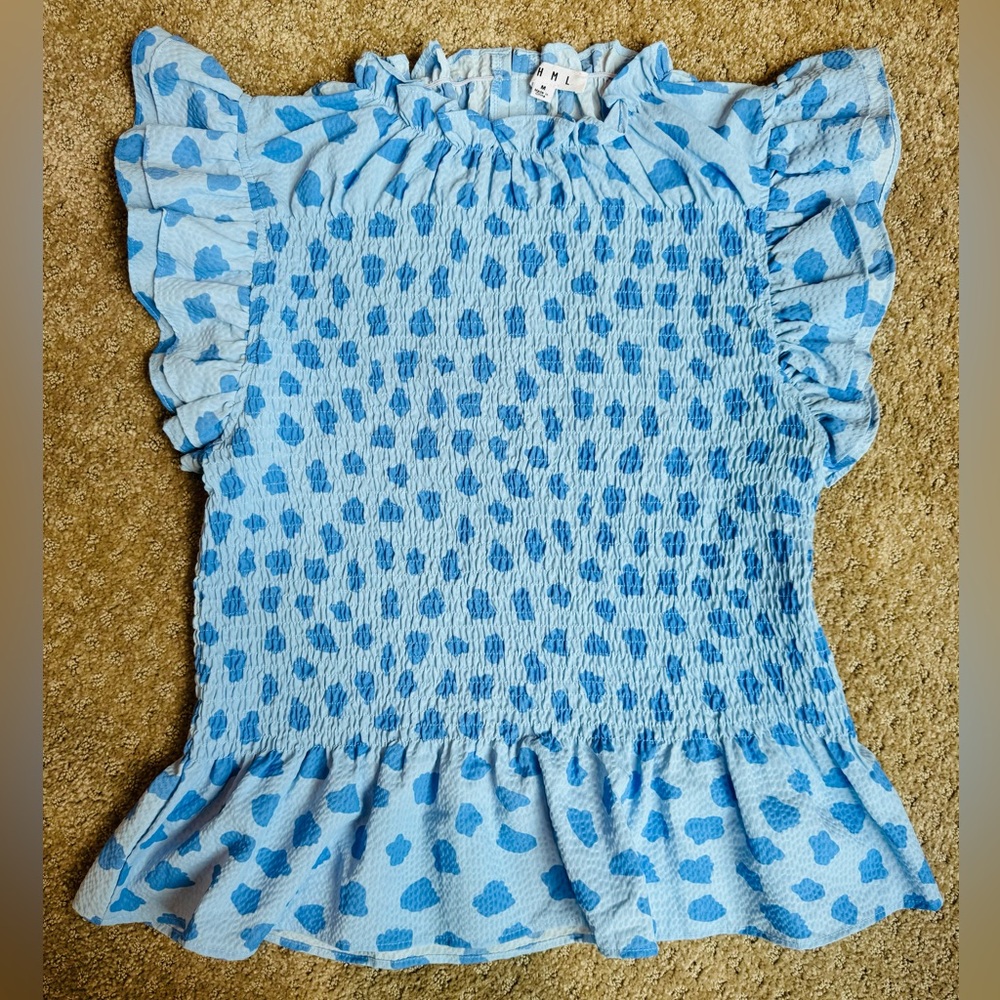 Anthropologie (THML) smocked blue peplum top, flutter sleeves, size M